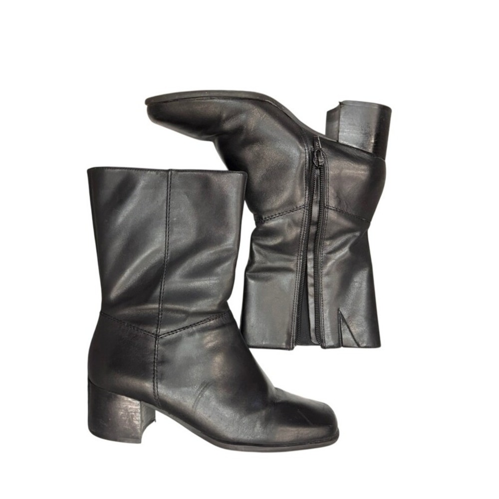 Easy Spirit Glorielas mid-calf Black Leather Boots Square Toe Block Heel 5.5M